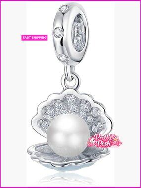 Sterling Silver Seashell Charm with Pearl and Cubic Zirconia - Dangle Bead for